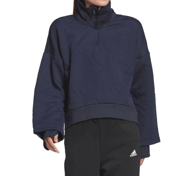 adidas Tops - Adidas Aeroready Logo Jacquard Half Zip Navy Sweatshirt Etched Thumbholes Small